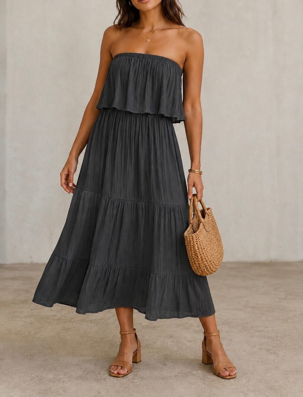 Gaya Gray Silk & Cotton Strapless Gauze Tiered Midi Maxi Dress Women’s Sz Medium